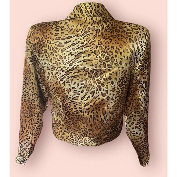 SILK Vtg 90s Y2K Maggie London Leopard Crop Jacket Top Brown Black Womens 4 S 2 - Picture 7 of 16